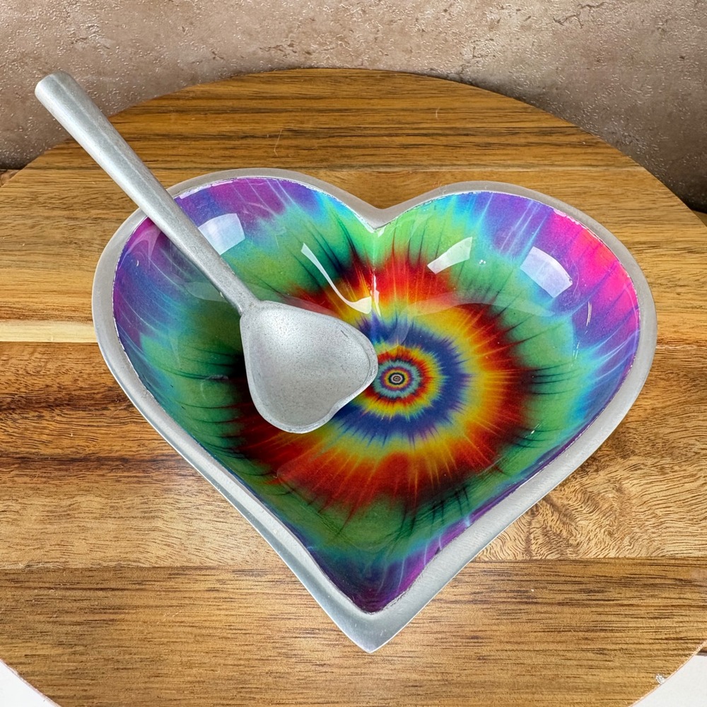 Inspired Generations Happy Groovy Heart Bowl & Spoon 5" Tie Dye Rainbow Aluminum